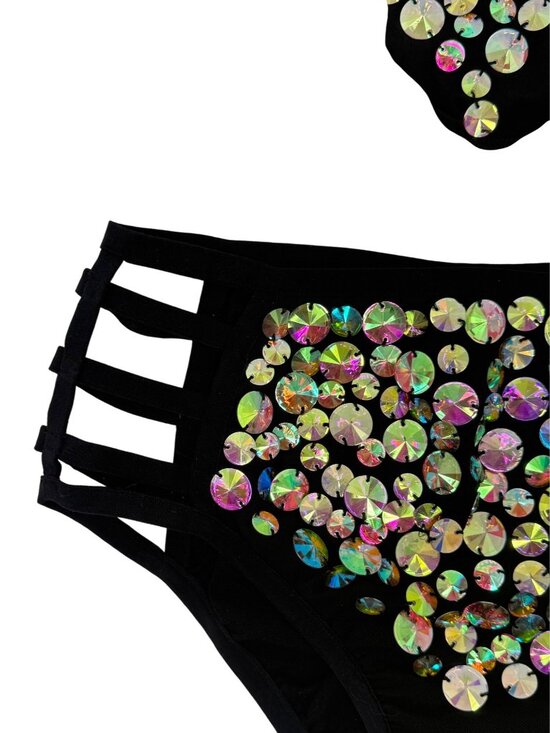 I Heart Raves 2 Piece Black Holographic Caged Halter Top & Bottoms Set| Festival - Picture 6 of 16